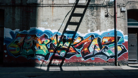 A bold, abstract urban mural of red, teal, and gray colors on a textured brick wall in a shaded alleyway, hyper-realistic photography.の素材