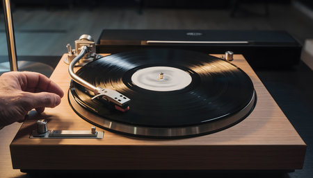 Close-up of a hand interacting with a sleek, modern turntable, emphasizing the black vinyl record and stylusの素材