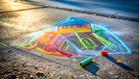 Ephemeral street art with vibrant blue, pink, and yellow chalk on pavement texture, captured with a shallow depth of field.の素材