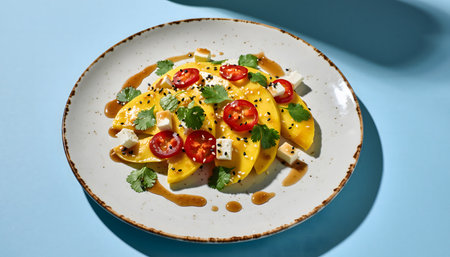 Gourmet, healthy summer appetizer: Mango slices garnished with feta, sesame seeds, and fresh herbs on a white plate.の素材