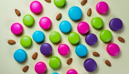 Playful, vibrant, highly stylized top-down flat lay of miniature macarons in a rainbow of pastel colors, arranged perfectly.の素材