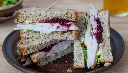 Rustic, hearty, and nostalgic overhead photograph of a massive leftovers sandwich, piled high with turkey and stuffing.の素材