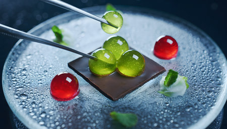 Futuristic fine-dining plate with spherification and unusual textures, representing culinary innovation and gastronomy art.の素材