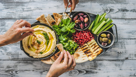 Vibrant, energetic, action-oriented overhead shot of a freshly prepared pasta dish being garnished with fresh herbs.の素材