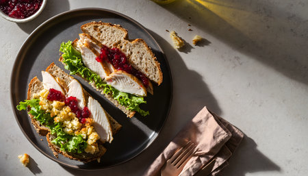 Hearty, homemade comfort food: a rustic sandwich featuring turkey, cranberry sauce, and stuffing on thick-cut bread.の素材