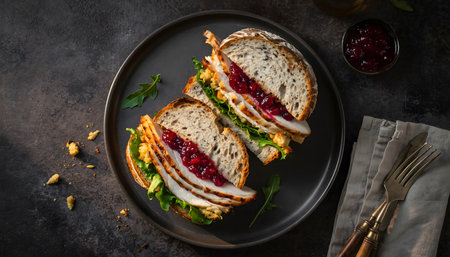 A delicious, towering post-holiday feast sandwich with all the trimmings, shot from a warm, cozy top-down perspective.の素材
