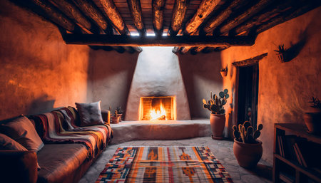 Intimate interior design concept with rough plaster walls, natural materials, and authentic Southwestern cultural decor.の素材