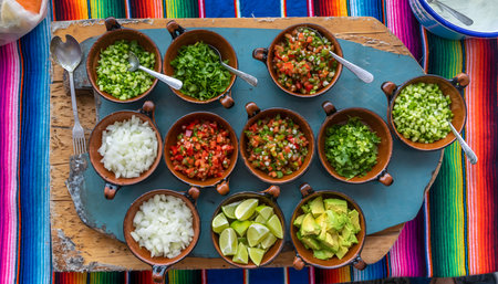 Colorful top-down view of food ingredients in small bowls, ready for taco preparation on a bright cloth.の素材
