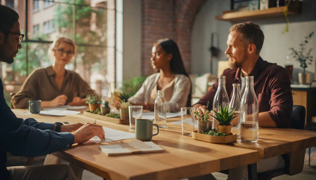 Team of architects and designers collaborating on a construction plan, featuring succulents, water bottles, and a focus on hands-on professional work.の素材