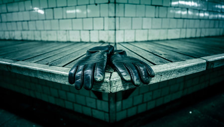 Dark, atmospheric shot of abandoned gloves on a bench in a tiled, tunnel-like space, conveying mystery, cold, or the solitary experience of a long journey.の素材