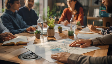 Detailed shot of professionals in a sunlit, modern office working over technical documents and plans, emphasizing teamwork and sustainable design concepts.の素材