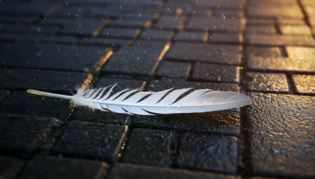 Atmospheric and poetic photograph focusing on a single, pristine white feather resting delicately on wet, dark pavement after a rain.の素材