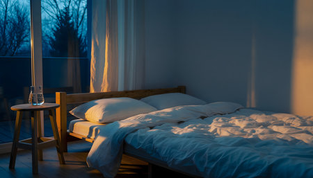 Minimalist bedroom at twilight, natural wood bed frame with white duvet and pillows, soft blue-grey walls, and window view.の素材