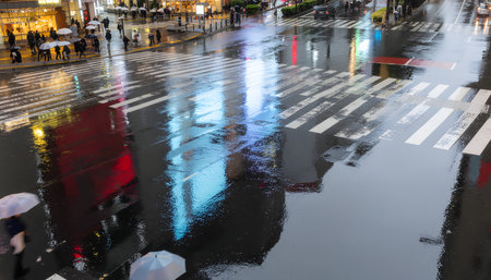 High-angle perspective of people walking on a wet, black street, forming geometric patterns on the white crosswalk lines with diverse umbrellas.の素材