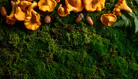 Forest floor flat lay featuring fresh golden chanterelle mushrooms and brown acorns scattered on a bed of lush green damp moss.の素材