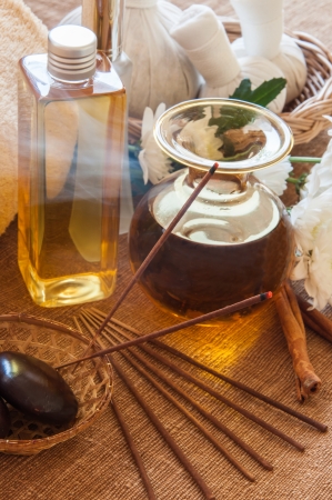 Spa still life with Incense, oil treatment and spa accessories の写真素材