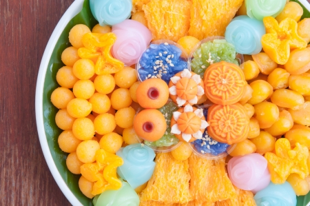 Thai sweets, or Kanom Thai, have unique, colorful appearance and distinct flavours  The art of Thai desserts have been passed down through the generations の写真素材