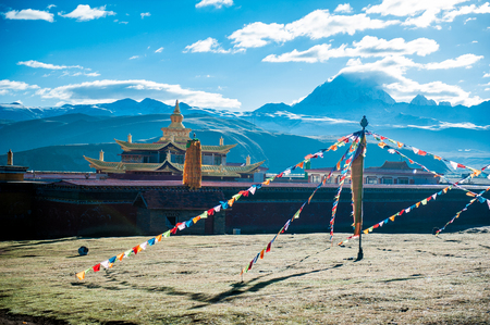 Tibetan prayer flags outside a templeの写真素材