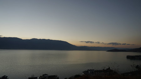 View of a town by a riverの写真素材