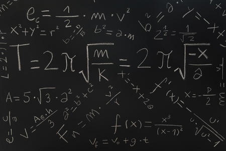Multiple physical formulas written on a blackboardの写真素材
