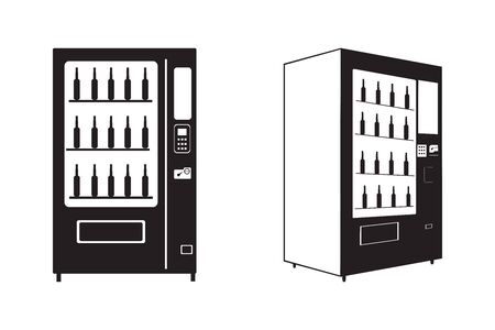 Beverage Drink Vending Machine Set. Black and white. Front and side view isolated on a white background.のイラスト素材
