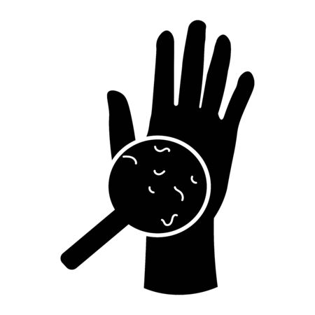 Germs Virus Bacteria on Hand Palm Using Magnifying Glass. Black and Whiteのイラスト素材