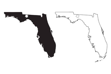 Florida FL state Maps USA with Capital City Star at Tallahassee. Black silhouette and outline isolated on a white background. Vectorのイラスト素材