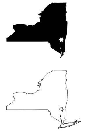 New York NY state Map USA with Capital City Star at Albany. Black silhouette and outline isolated on a white background.のイラスト素材
