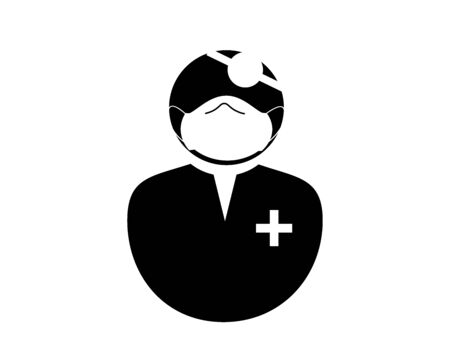 Doctor with Mask Icon. Black and white illustration pictogram icon depicting doctor with PPE face covering and head mirror. Vectorのイラスト素材