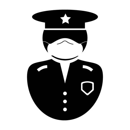 Police Officer Icon. Black and white illustration pictogram icon depicting uniformed law enforcement officer with facial mask, hat and badge. Illustration depicting security personnel during covid-19. Vectorのイラスト素材