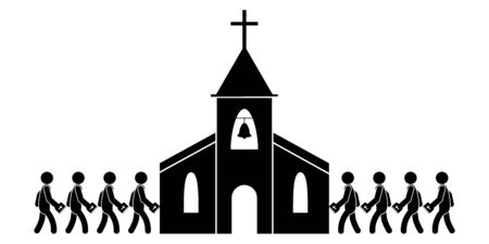 People Going to Entering Church. Black and white pictogram depicting people attending church service mass holding Holy Bible. Vector Fileのイラスト素材