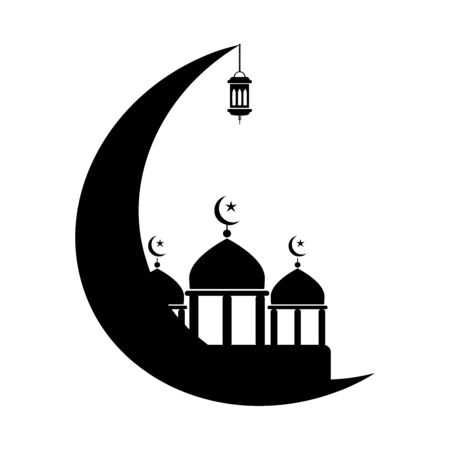 Mosque with crescent and Lantern. Black and white pictogram depicting Islamic Muslim mosque lanterns crescent. Ramadan Festive Season Eid al-Fitr. Vectorのイラスト素材