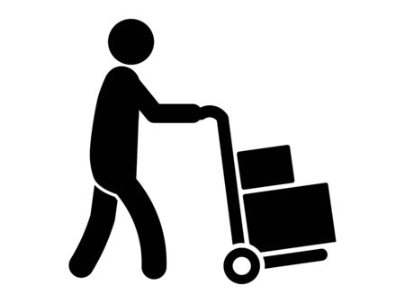 Delivery Person Stick Figure Pushing a Loaded Cart with Two Boxes. Black Illustration Isolated on a White Background.のイラスト素材