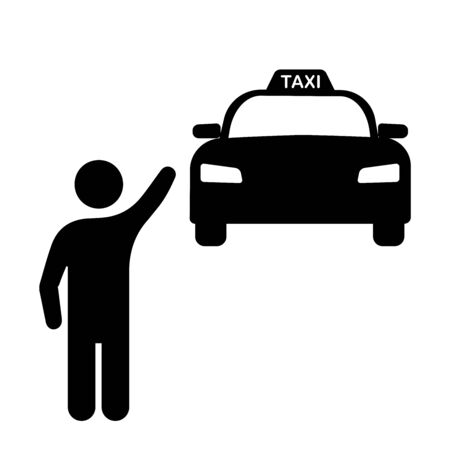 Man Stopping Waving Hand at Taxi Cab Car. Black Illustration Isolated on a White Background.のイラスト素材