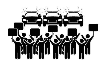 Protesters Signs Protesting In Front of Police Cop Cars. Black Illustration Isolated on a White Background.のイラスト素材