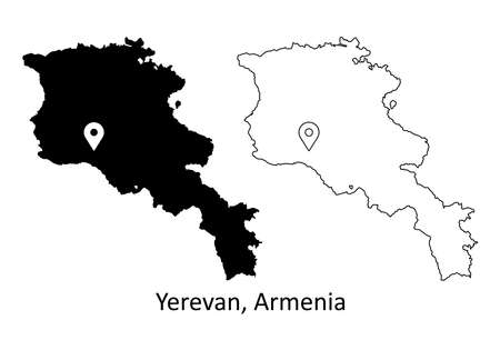 Yerevan Armenia. Detailed Country Map with Capital City Location Pin. Black silhouette and outline maps isolated on white background. EPS Vectorのイラスト素材