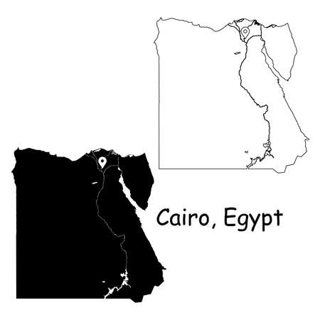 Cairo Egypt. Detailed Country Map with Location Pin on Capital City. Black silhouette and outline maps isolated on white background. EPS Vectorのイラスト素材