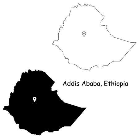 Addis Ababa Ethiopia. Detailed Country Map with Location Pin on Capital City. Black silhouette and outline maps isolated on white background. EPS Vectorのイラスト素材