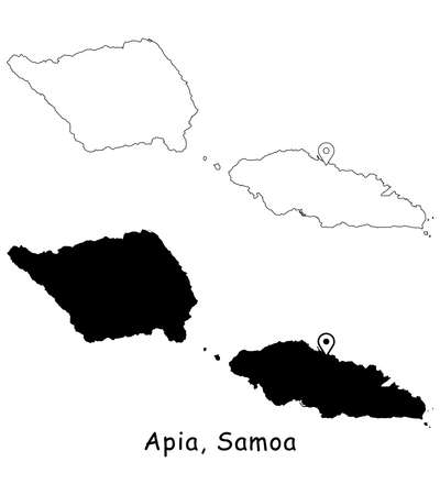 Apia, Samoa. Detailed Country Map with Location Pin on Capital City. Black silhouette and outline maps isolated on white background. EPS Vectorのイラスト素材