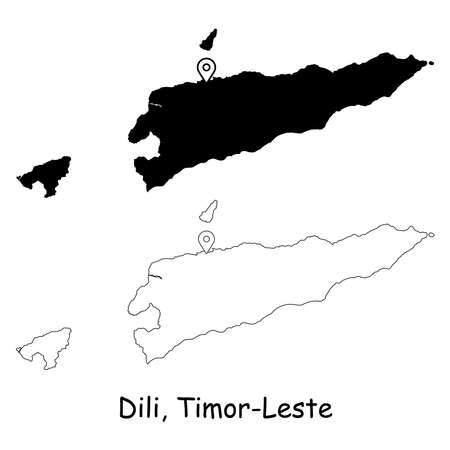 Dili, Timor-Leste. Detailed Country Map with Location Pin on Capital City. Black silhouette and outline maps isolated on white background. EPS Vectorのイラスト素材