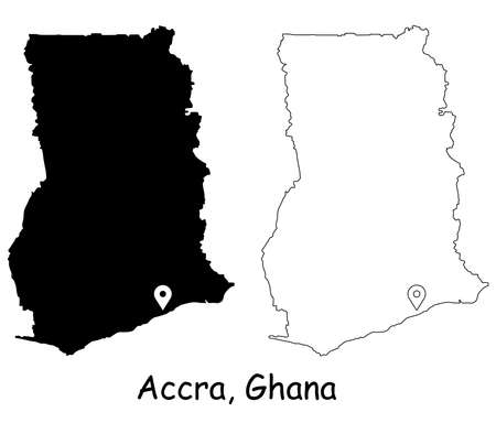 Accra Ghana. Detailed Country Map with Location Pin on Capital City. Black silhouette and outline maps isolated on white background. EPS Vectorのイラスト素材