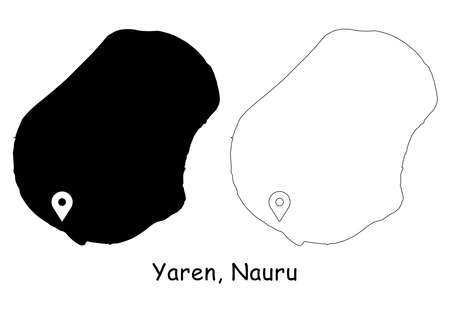 Yaren, Nauru. Detailed Country Map with Location Pin on Capital City. Black silhouette and outline maps isolated on white background. EPS Vectorのイラスト素材