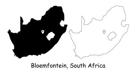 Bloemfontein, South Africa. Detailed Country Map with Location Pin on Capital City. Black silhouette and outline maps isolated on white background. EPS Vectorのイラスト素材