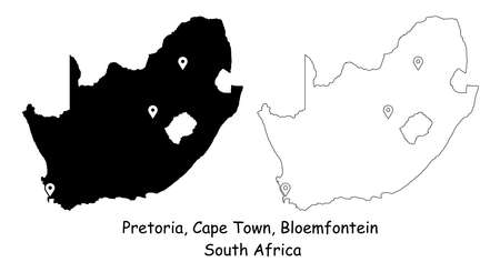 Three Capital Cities of the Republic of South Africa. Pretoria, Cape Town, and Bloemfontein. Detailed Country Map with Location Pin on Capital City. Black silhouette outline maps on white backgroundのイラスト素材