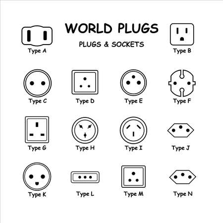 International World Plugs and Sockets Types Diagram Set. Vector Diagram Depicting Electric Plugs and Sockets from Various Countriesのイラスト素材