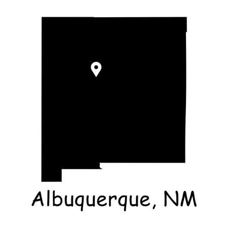 Albuquerque on New Mexico State Map. Detailed NM State Map with Location Pin on Albuquerque City. Black silhouette vector map isolated on white background.のイラスト素材