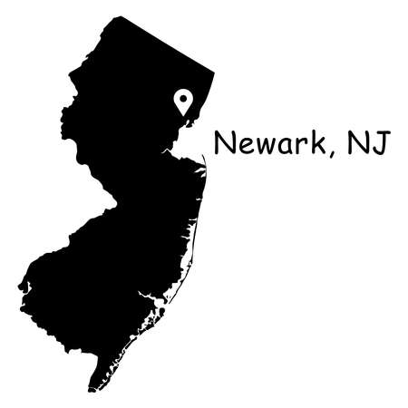 Newark on New Jersey State Map. Detailed NJ State Map with Location Pin on Newark City. Black silhouette vector map isolated on white background.のイラスト素材