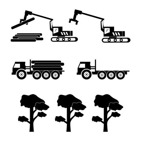Logging Machine Logger Loader. Icon depicting heavy machinery equipment and trucks used for logging and deforestation. Black and white EPS Vectorのイラスト素材