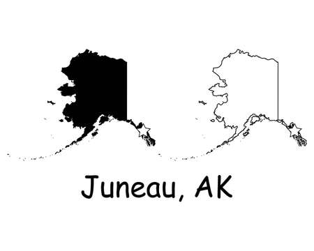 Juneau Alaska AK state Map USA with Capital Star. Black silhouette and outline isolated maps on a white background. EPS Vectorのイラスト素材