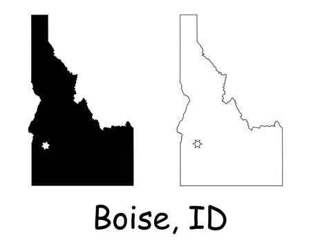 Idaho ID state Map USA with Capital City Star at Boise. Black silhouette and outline isolated on a white background. EPS Vectorのイラスト素材